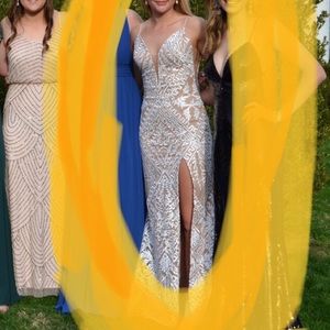 white and nude prom dress, sequined